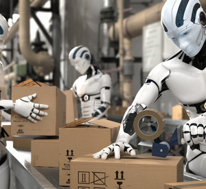 3D Illustration Roboter als Arbeitskraft in der Logistik