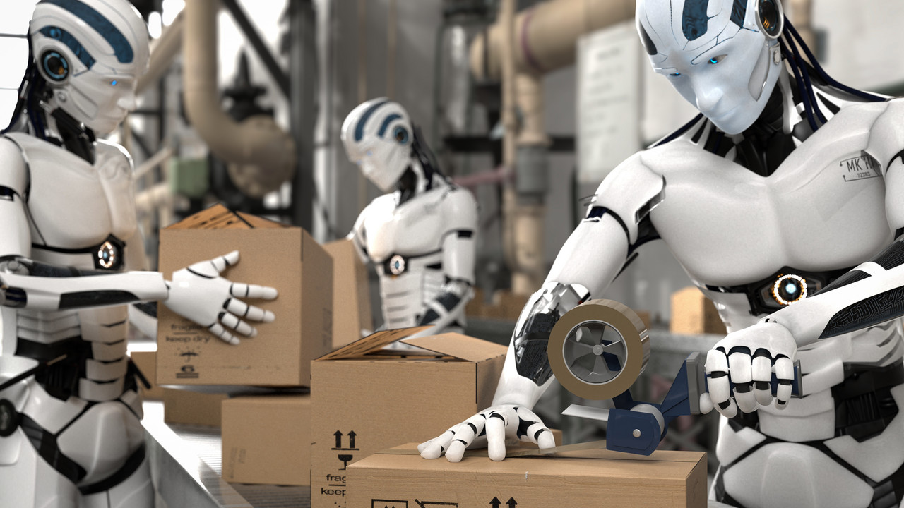 3D Illustration Roboter als Arbeitskraft in der Logistik