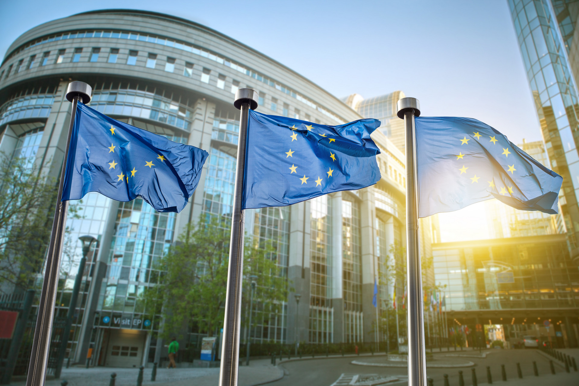 Das Europäische Parlament in Brüssel bei tiefstehender Sonne mit Europa-Flaggen im Vordergrund
